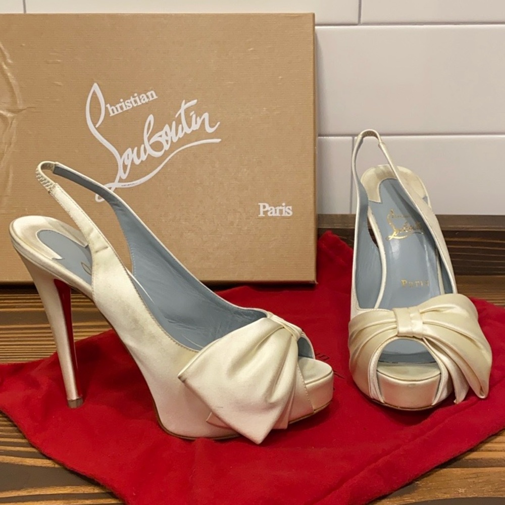 Christian Louboutin Ivory Peep-Toe Slingback Heels